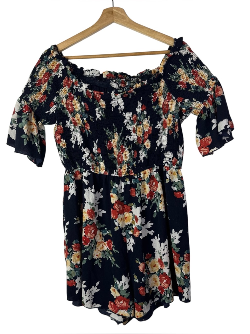 Boutique Navy Blue Colorful Floral Off Shoulder Smocked Romper 2XL